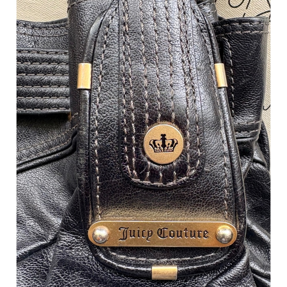 Y2K Juicy Couture Black Genuine Leather Pleated Hobo Shoulder Bag Gold Hardware - Picture 9 of 13